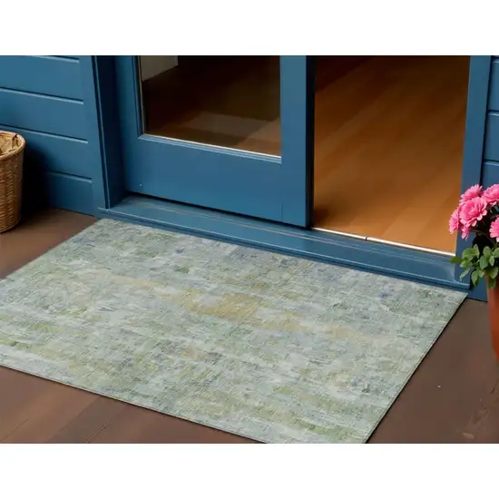 Artichoke Green And Blue Abstract Washable Indoor Outdoor Area Rug Photo 1