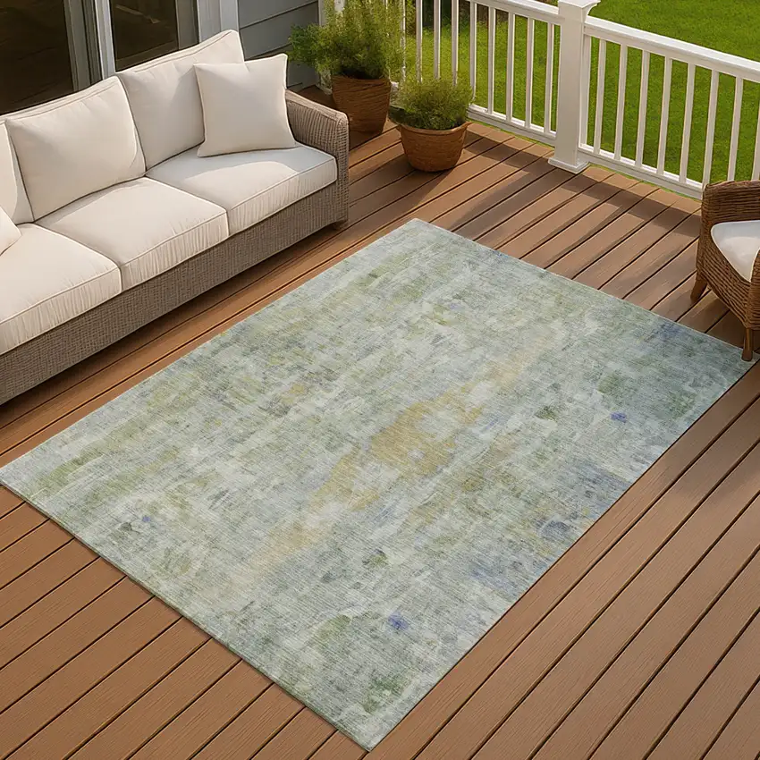 Artichoke Green And Blue Abstract Washable Indoor Outdoor Area Rug Photo 7