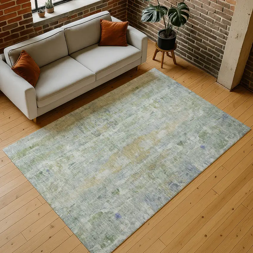 Artichoke Green And Blue Abstract Washable Indoor Outdoor Area Rug Photo 9