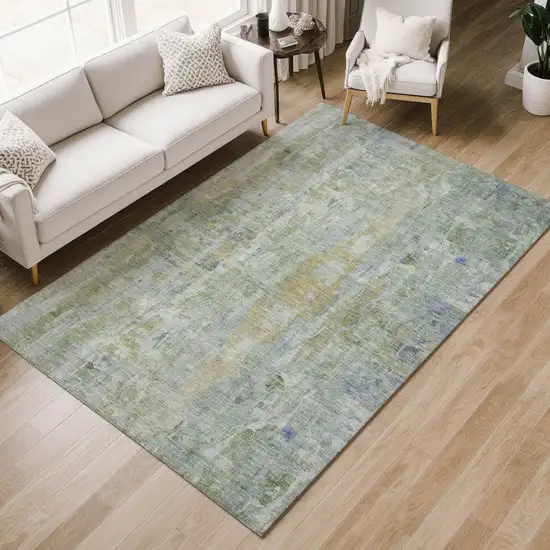 Artichoke Green And Blue Abstract Washable Indoor Outdoor Area Rug Photo 9