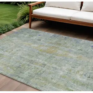 Photo of Artichoke Green And Blue Abstract Washable Indoor Outdoor Area Rug
