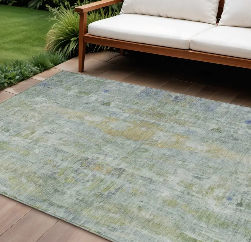 Artichoke Green And Blue Abstract Washable Indoor Outdoor Area Rug Photo 1