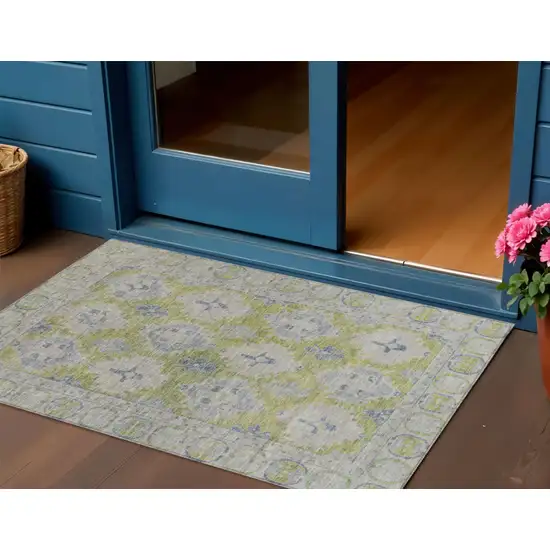 Artichoke Green And Blue Damask Washable Indoor Outdoor Area Rug Photo 2