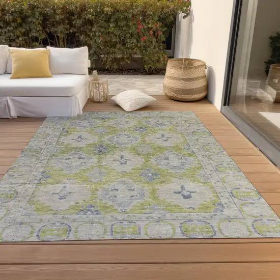 Artichoke Green And Blue Damask Washable Indoor Outdoor Area Rug Photo 7