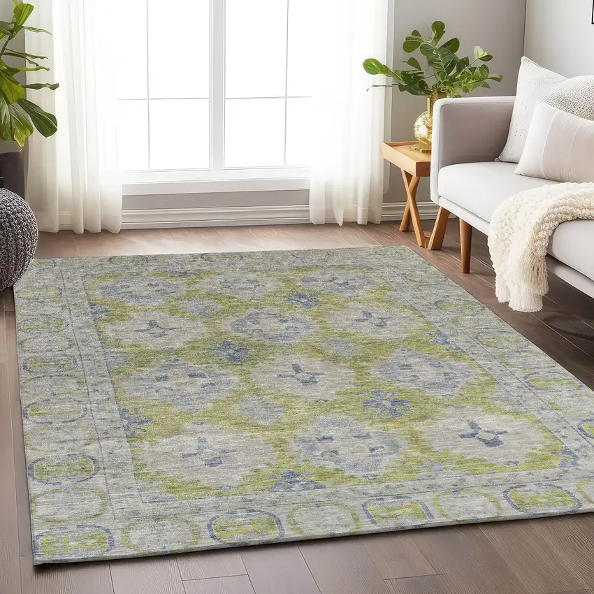 Artichoke Green And Blue Damask Washable Indoor Outdoor Area Rug Photo 5