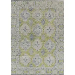 Photo of Artichoke Green And Blue Damask Washable Indoor Outdoor Area Rug