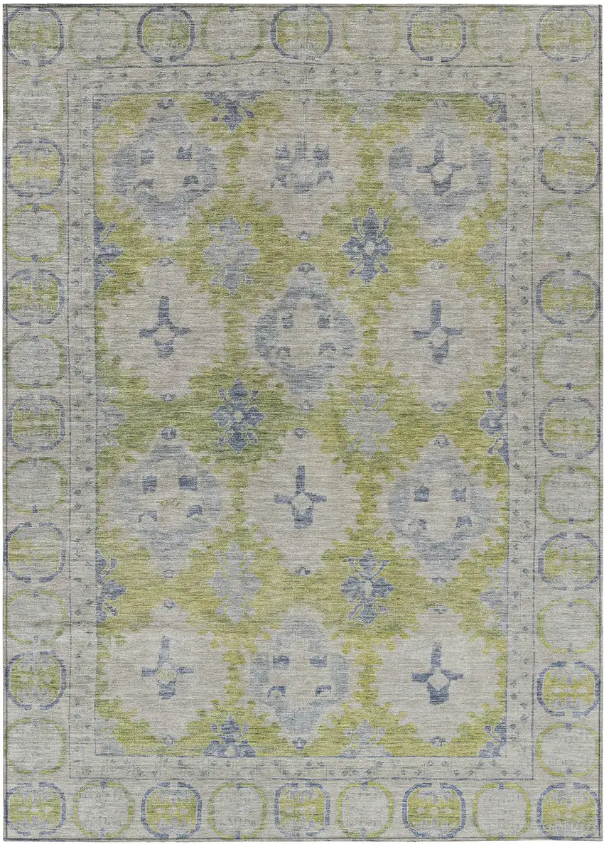 Artichoke Green And Blue Damask Washable Indoor Outdoor Area Rug Photo 1