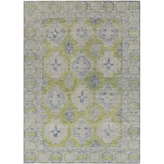 Artichoke Green And Blue Damask Washable Indoor Outdoor Area Rug Photo 3