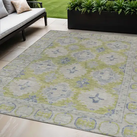 Artichoke Green And Blue Damask Washable Indoor Outdoor Area Rug Photo 2