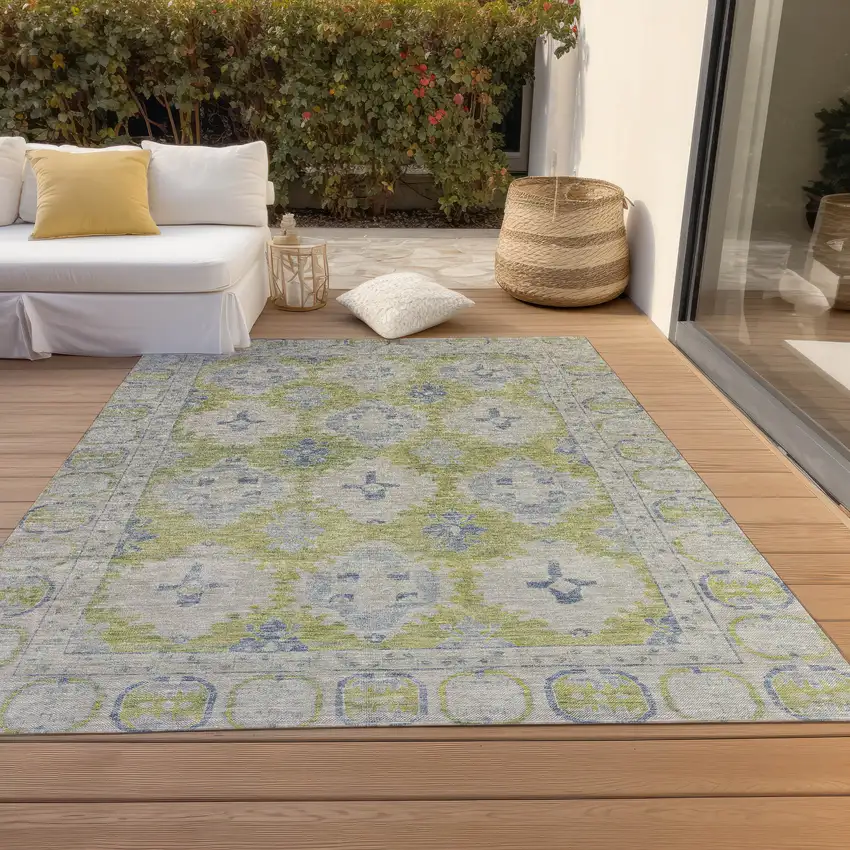 Artichoke Green And Blue Damask Washable Indoor Outdoor Area Rug Photo 8