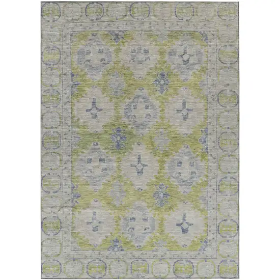 Artichoke Green And Blue Damask Washable Indoor Outdoor Area Rug Photo 1