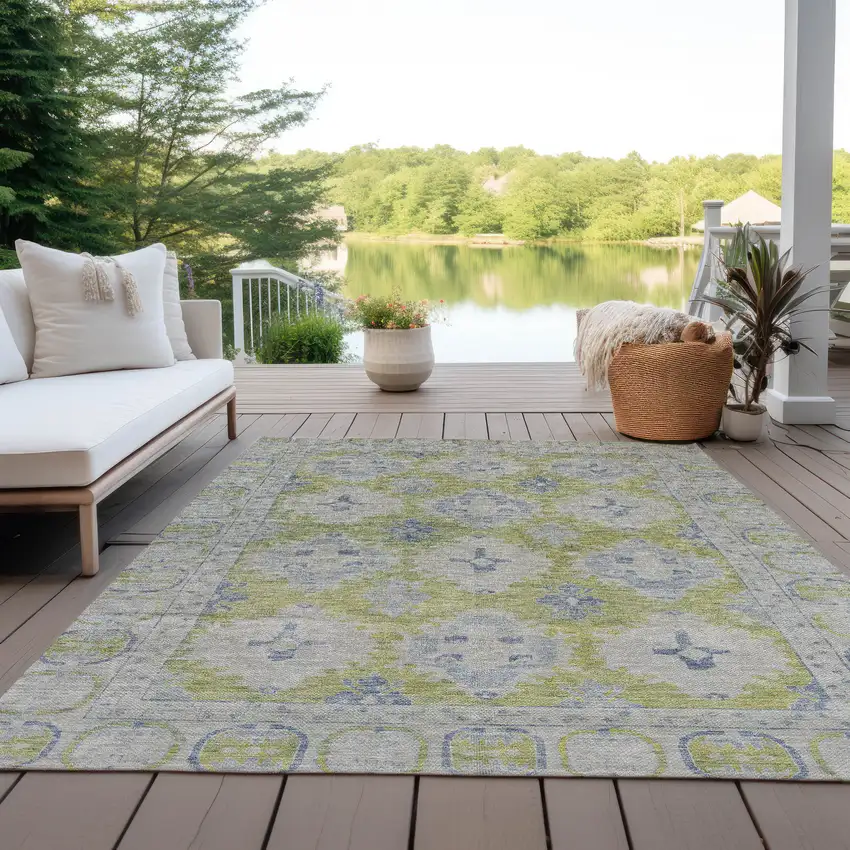 Artichoke Green And Blue Damask Washable Indoor Outdoor Area Rug Photo 5