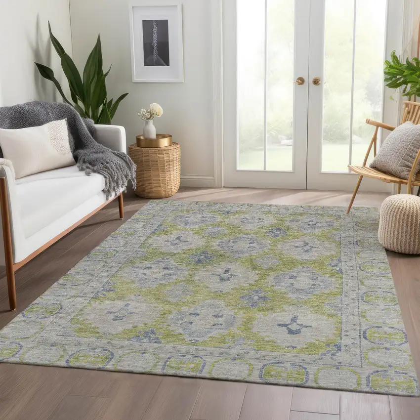Artichoke Green And Blue Damask Washable Indoor Outdoor Area Rug Photo 7