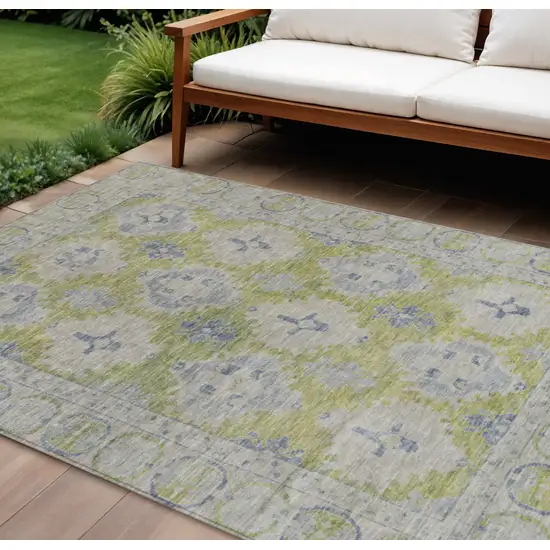Artichoke Green And Blue Damask Washable Indoor Outdoor Area Rug Photo 2