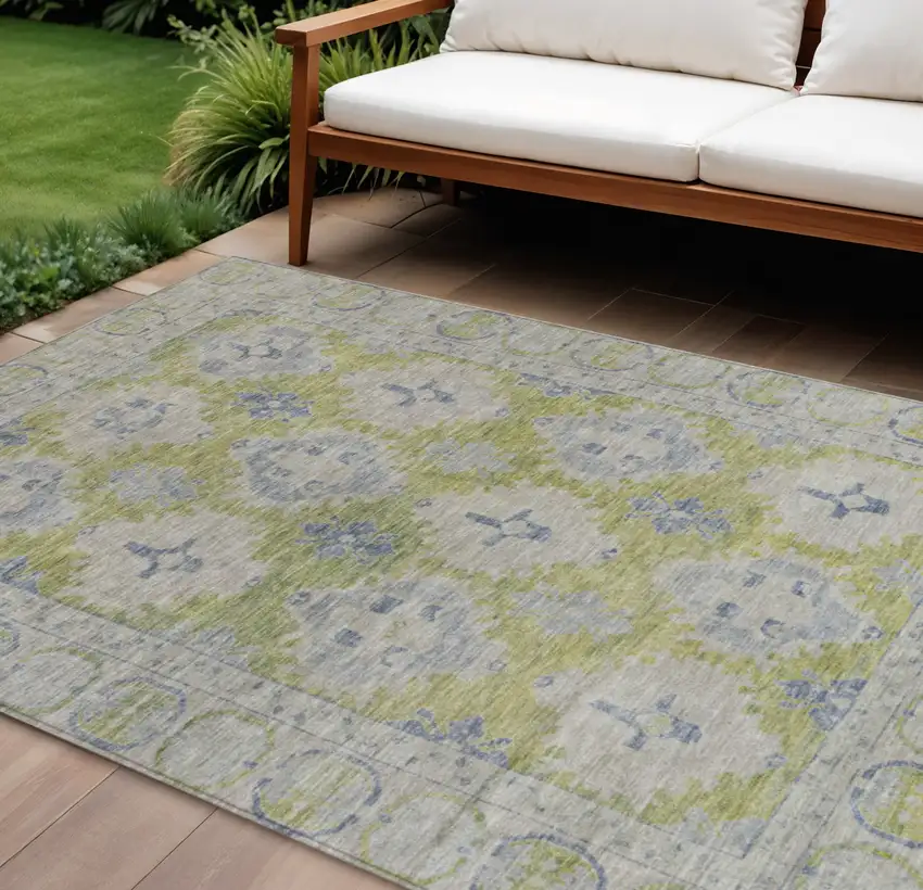 Artichoke Green And Blue Damask Washable Indoor Outdoor Area Rug Photo 2