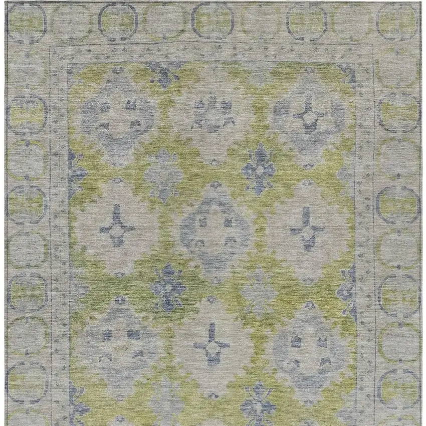Artichoke Green And Blue Damask Washable Indoor Outdoor Area Rug Photo 4