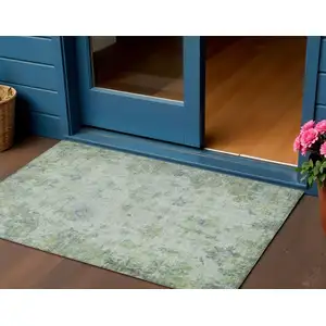 Photo of Artichoke Green And Blue Floral Washable Indoor Outdoor Area Rug