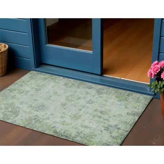 Artichoke Green And Blue Floral Washable Indoor Outdoor Area Rug Photo 1
