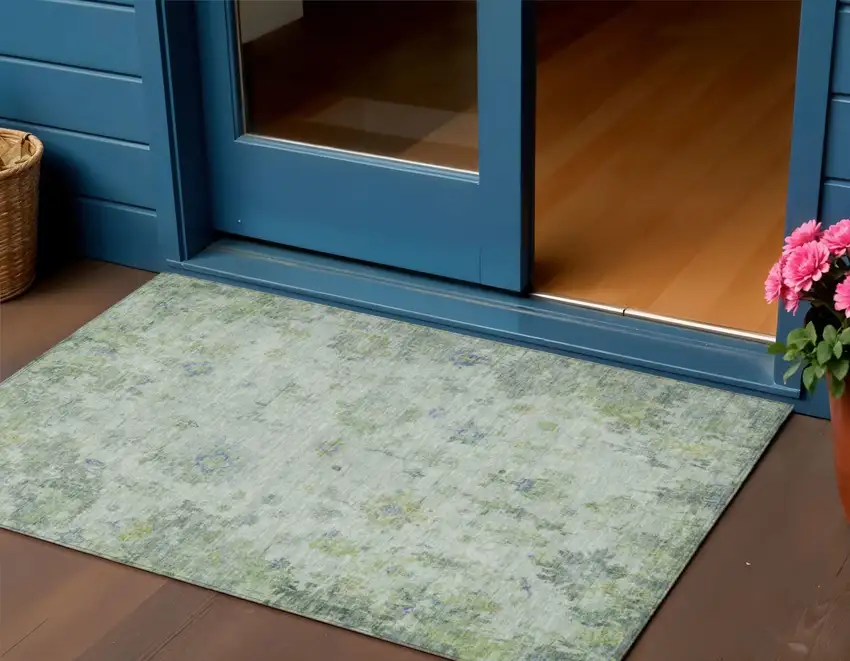 Artichoke Green And Blue Floral Washable Indoor Outdoor Area Rug Photo 1