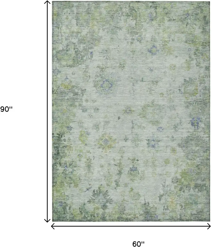 Artichoke Green And Blue Floral Washable Indoor Outdoor Area Rug Photo 3