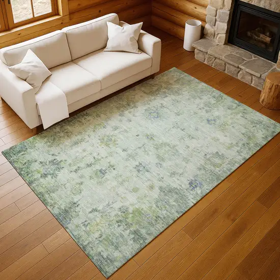 Artichoke Green And Blue Floral Washable Indoor Outdoor Area Rug Photo 8
