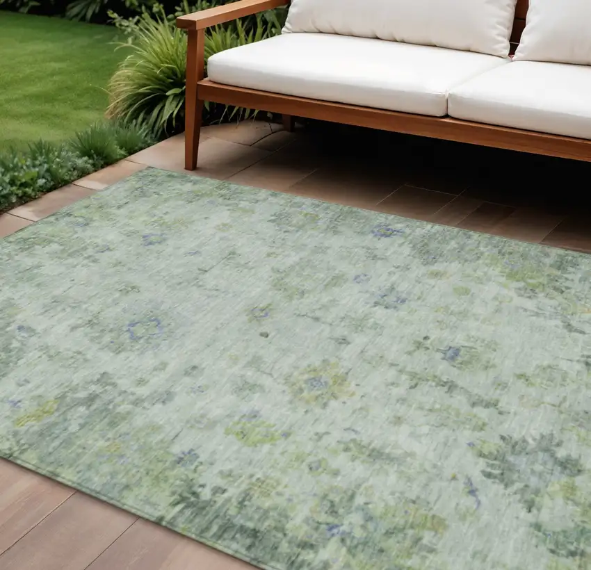 Artichoke Green And Blue Floral Washable Indoor Outdoor Area Rug Photo 1