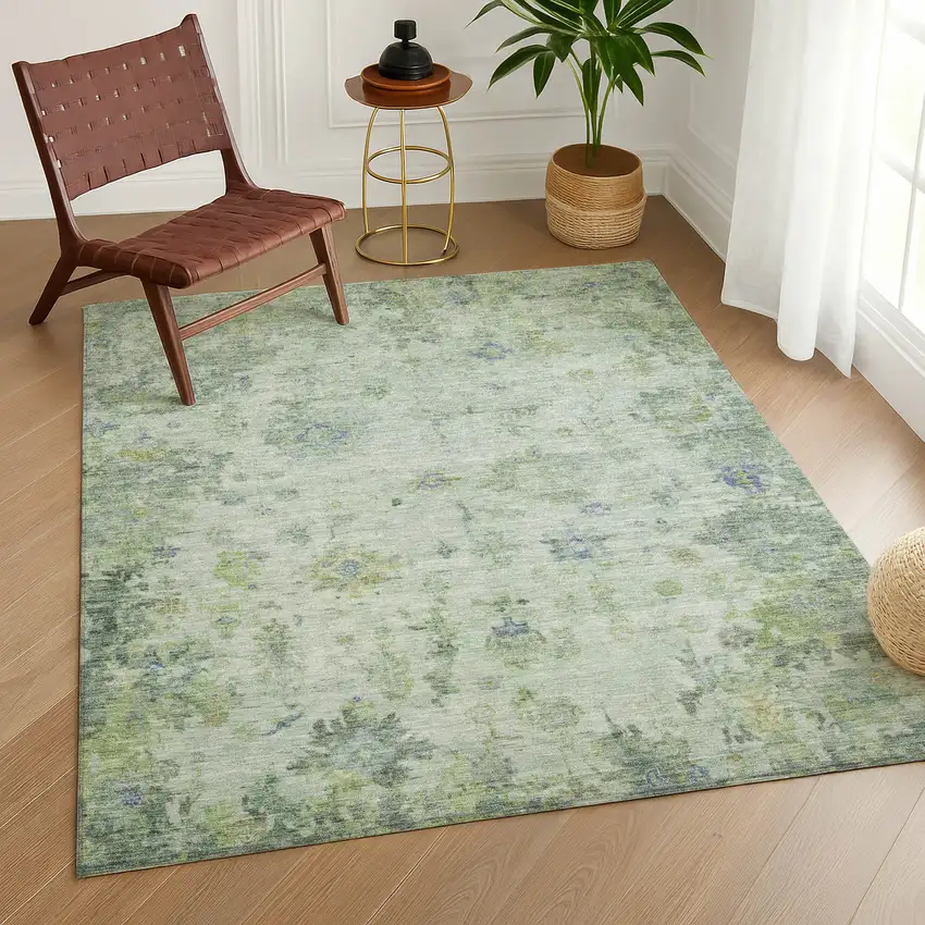 Artichoke Green And Blue Floral Washable Indoor Outdoor Area Rug Photo 9