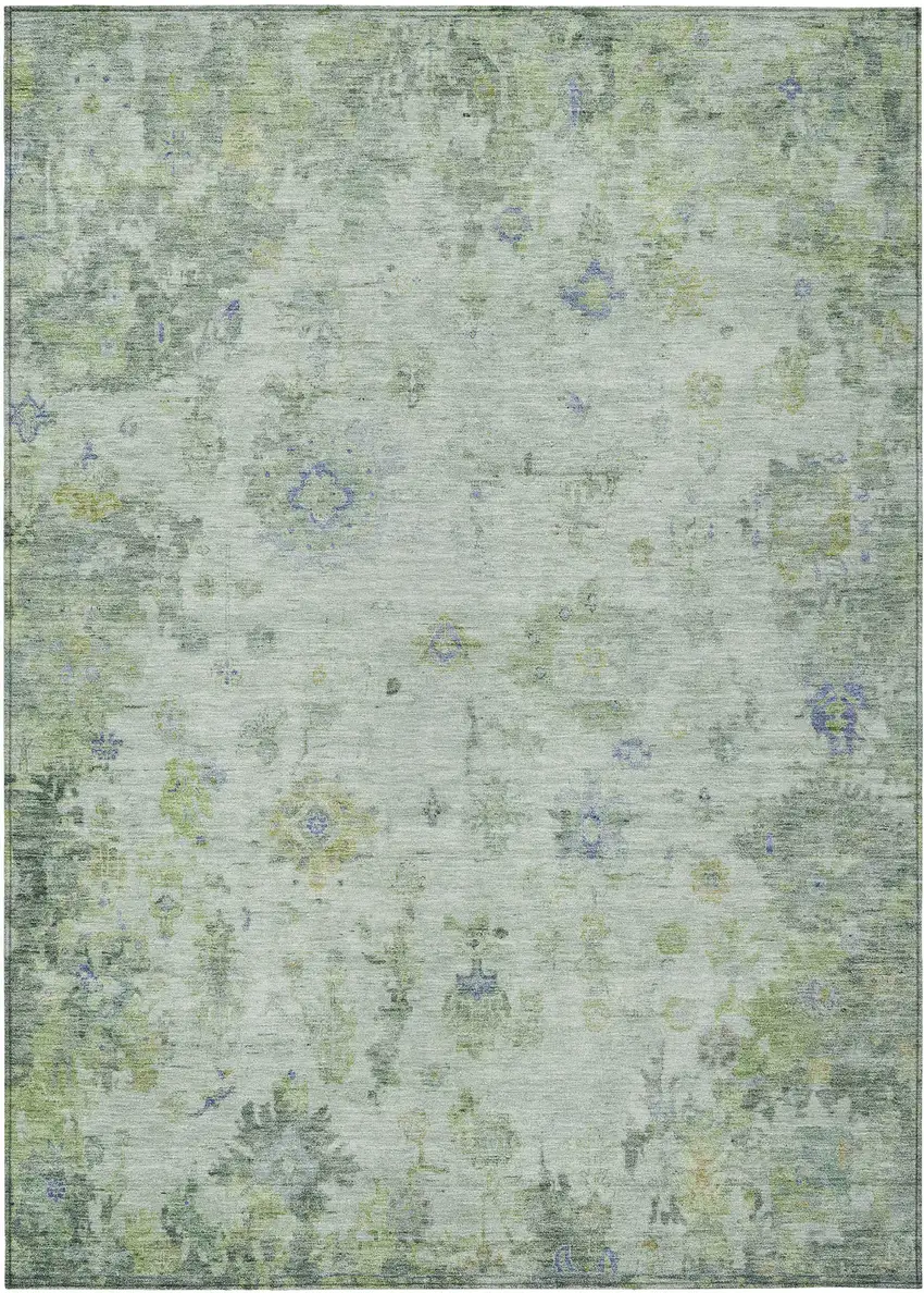 Artichoke Green And Blue Floral Washable Indoor Outdoor Area Rug Photo 2