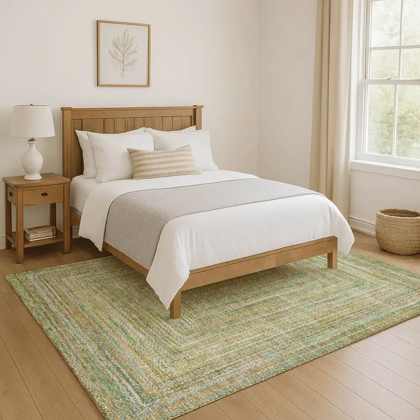 Artichoke Green And Blue Geometric Washable Area Rug With UV Protection Photo 5