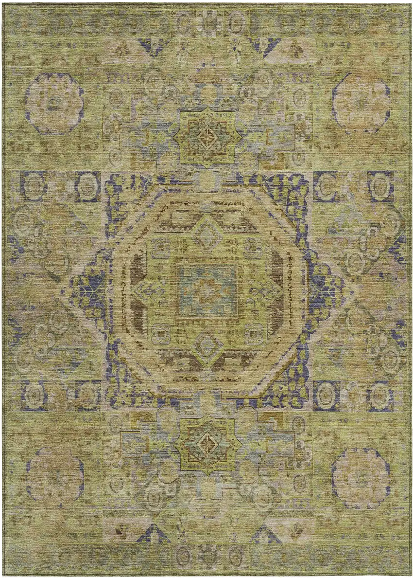 Artichoke Green And Blue Medallion Washable Indoor Outdoor Area Rug Photo 1