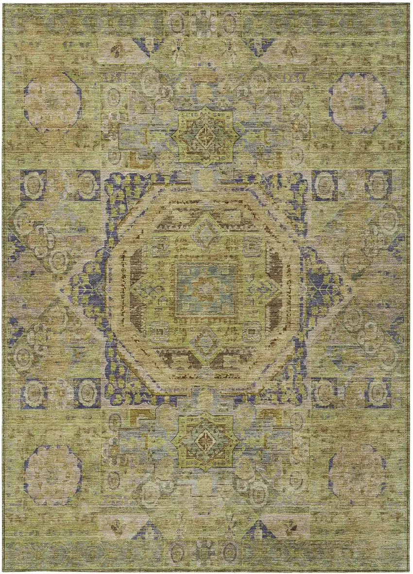 Artichoke Green And Blue Medallion Washable Indoor Outdoor Area Rug Photo 4