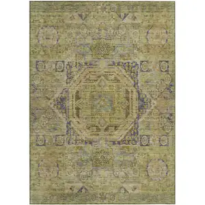 Photo of Artichoke Green And Blue Medallion Washable Indoor Outdoor Area Rug