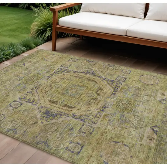 Artichoke Green And Blue Medallion Washable Indoor Outdoor Area Rug Photo 2