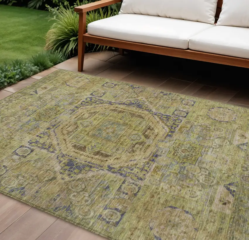 Artichoke Green And Blue Medallion Washable Indoor Outdoor Area Rug Photo 2