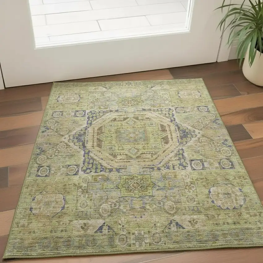 Artichoke Green And Blue Oriental Washable Area Rug With UV Protection Photo 2