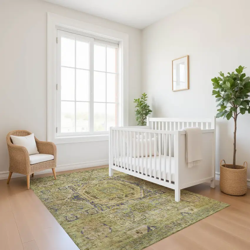 Artichoke Green And Blue Oriental Washable Area Rug With UV Protection Photo 5