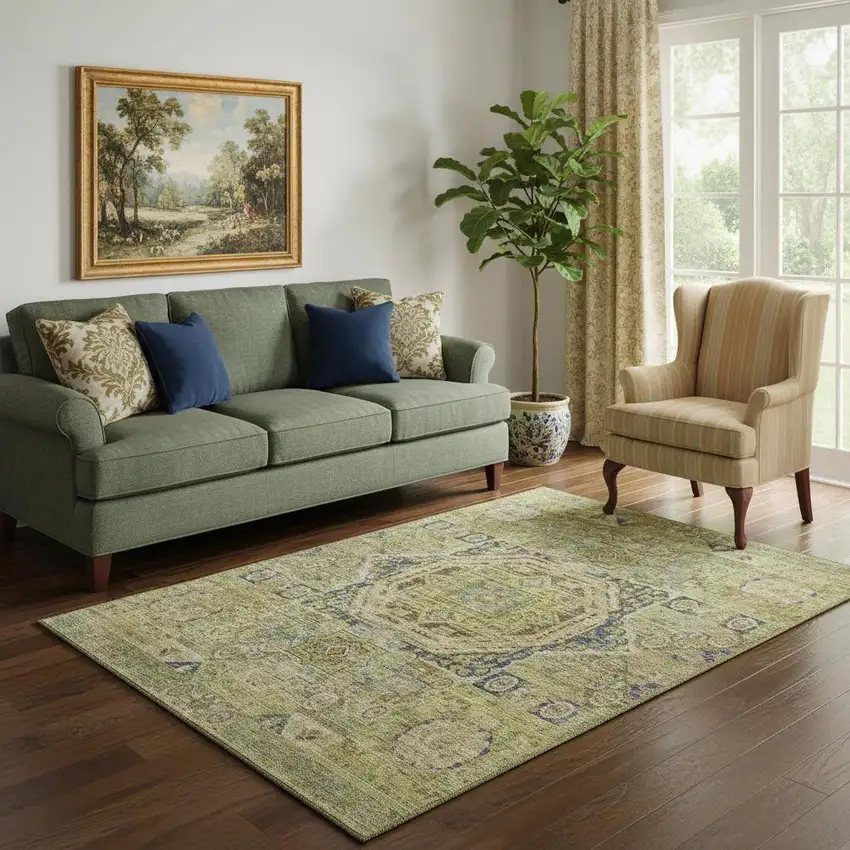 Artichoke Green And Blue Oriental Washable Area Rug With UV Protection Photo 2