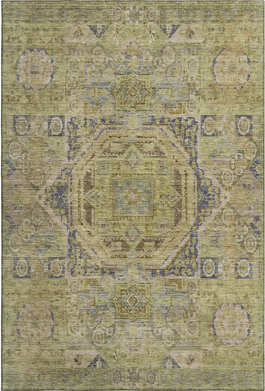 Artichoke Green And Blue Oriental Washable Area Rug With UV Protection Photo 1