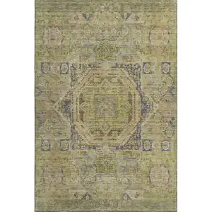 Photo of Artichoke Green And Blue Oriental Washable Area Rug With UV Protection