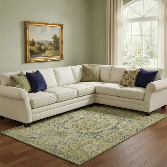 Artichoke Green And Blue Oriental Washable Area Rug With UV Protection Photo 2