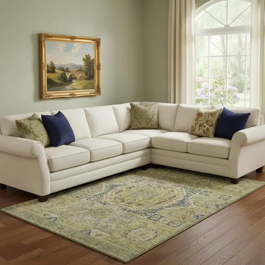 Artichoke Green And Blue Oriental Washable Area Rug With UV Protection Photo 2