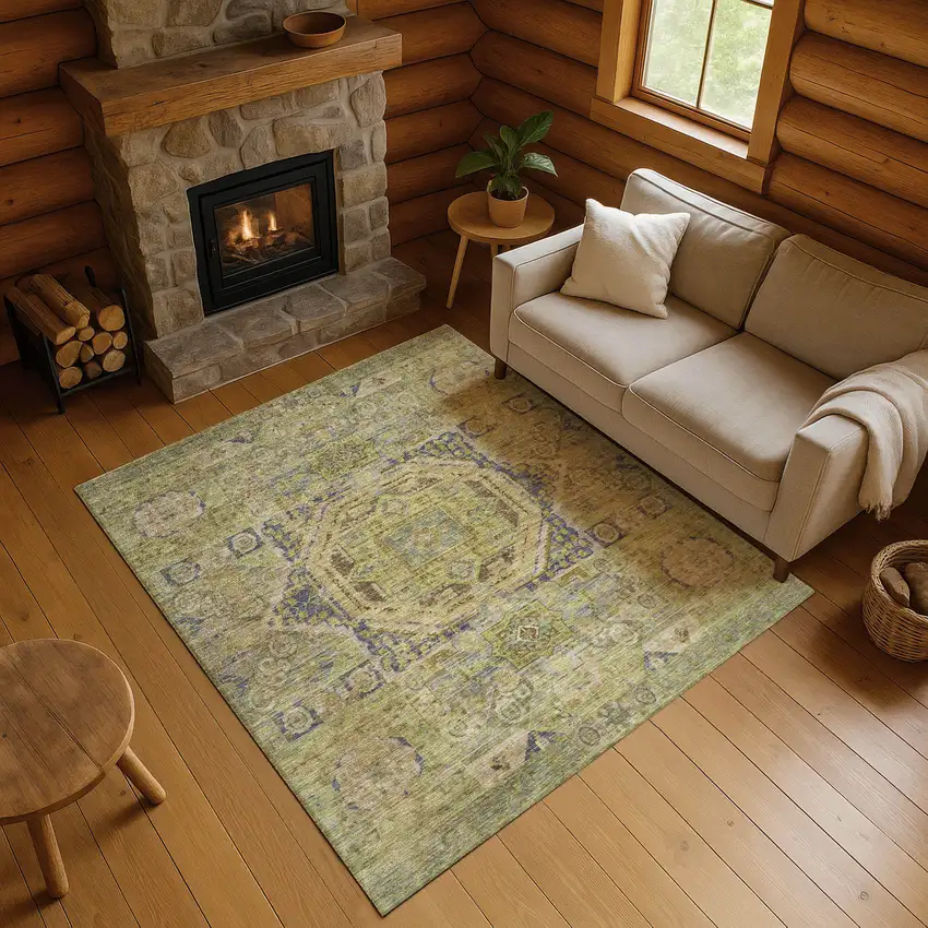 Artichoke Green And Blue Oriental Washable Area Rug With UV Protection Photo 5