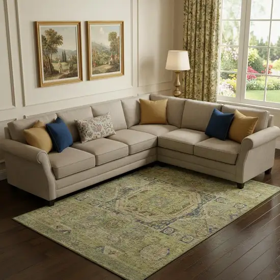 Artichoke Green And Blue Oriental Washable Area Rug With UV Protection Photo 2