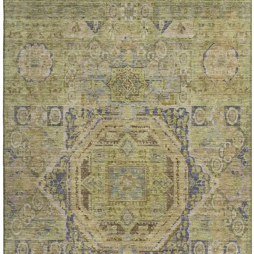 Artichoke Green And Blue Oriental Washable Area Rug With UV Protection Photo 3
