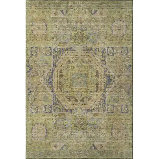 Artichoke Green And Blue Oriental Washable Area Rug With UV Protection Photo 3