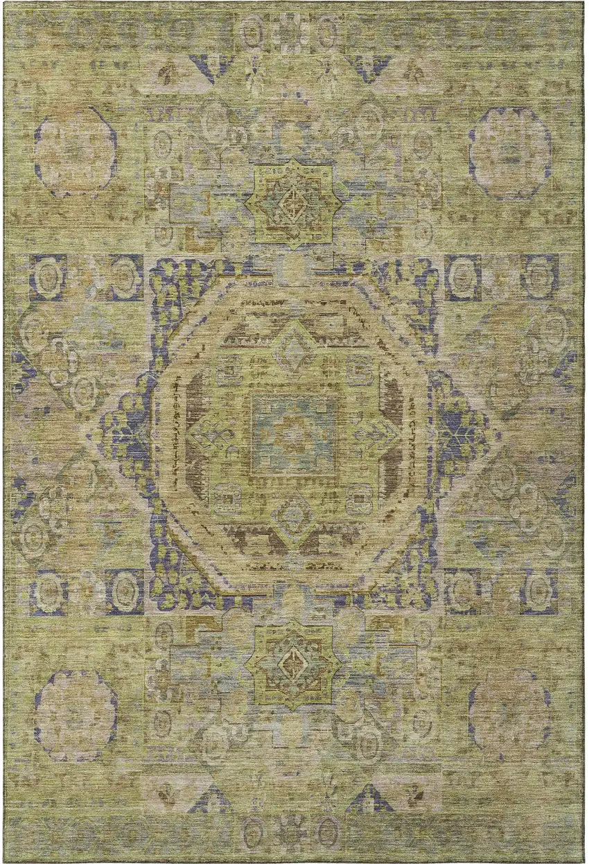 Artichoke Green And Blue Oriental Washable Area Rug With UV Protection Photo 3