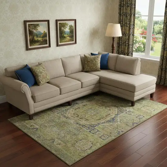 Artichoke Green And Blue Oriental Washable Area Rug With UV Protection Photo 2