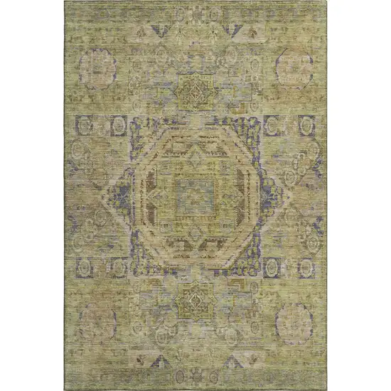 Artichoke Green And Blue Oriental Washable Area Rug With UV Protection Photo 1