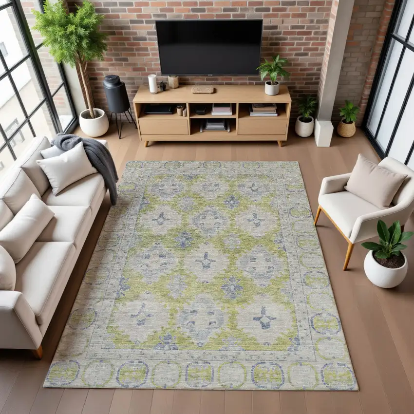 Artichoke Green And Blue Oriental Washable Area Rug With UV Protection Photo 5