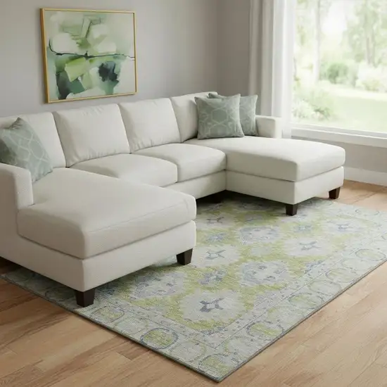 Artichoke Green And Blue Oriental Washable Area Rug With UV Protection Photo 2